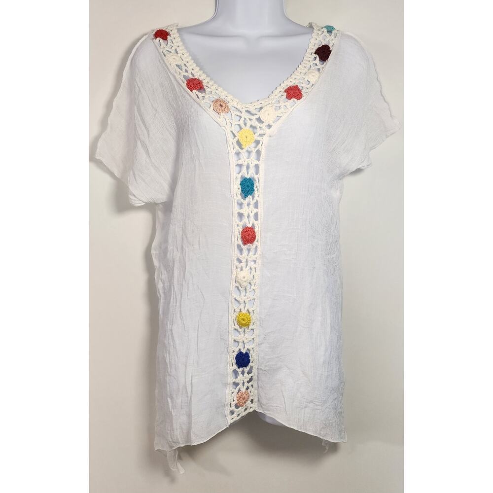 White Gauze Boho Tunic Crochet Trim Colorful‎ Top Beachy Festival